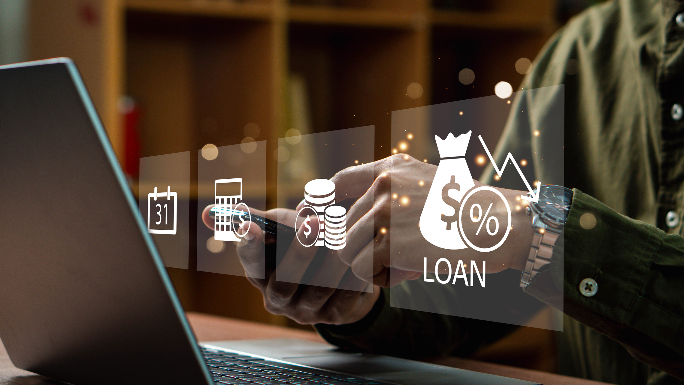 Online personal loan and financial concept. Financial loan agreement, Personal or business loans through online services between lenders and borrowers. Person using laptop laptop with loan icon.